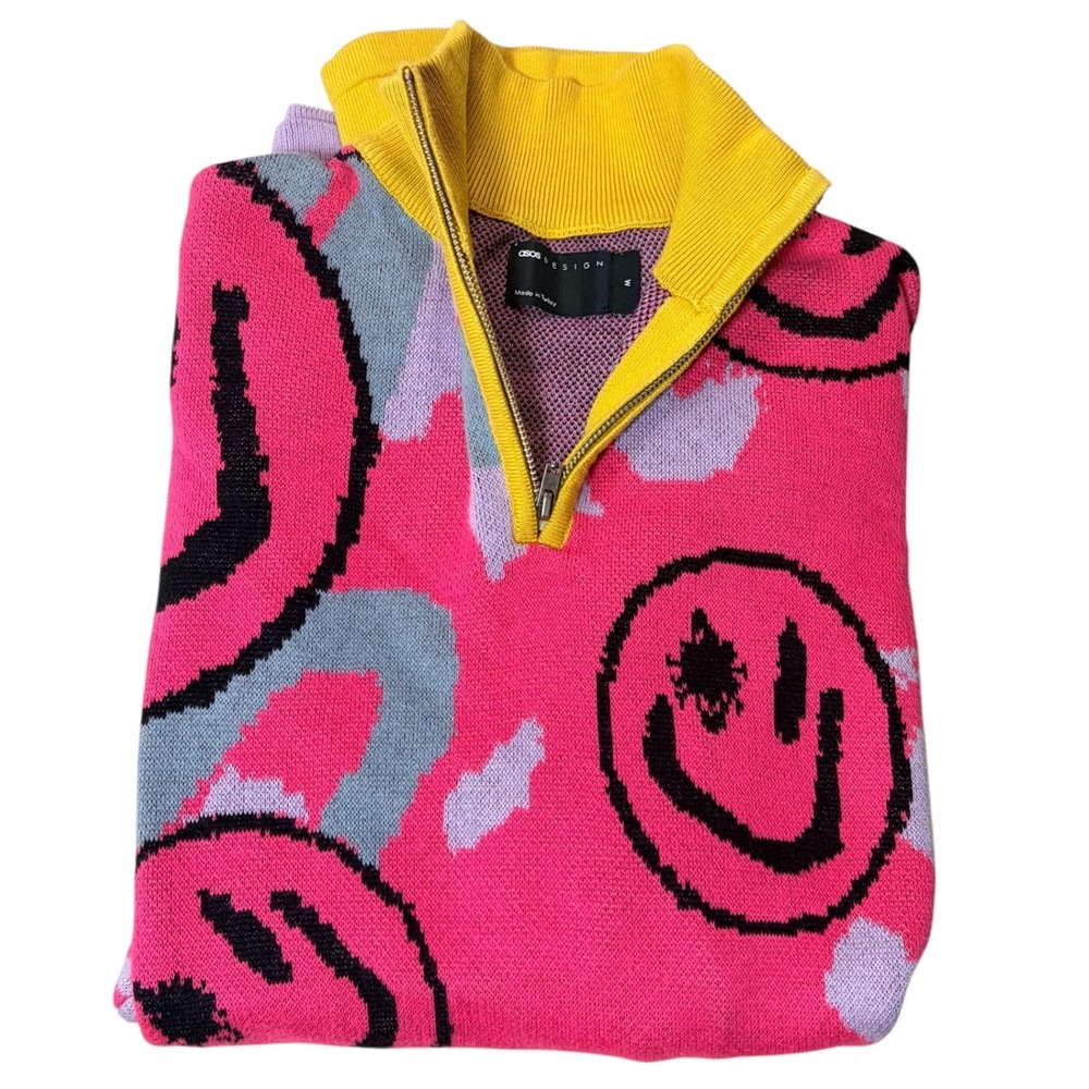 Y2K ASOS DESIGN Sweater Sz M Pink Smiley Face Quarter Zip Long Sleeve Cotton Y2K